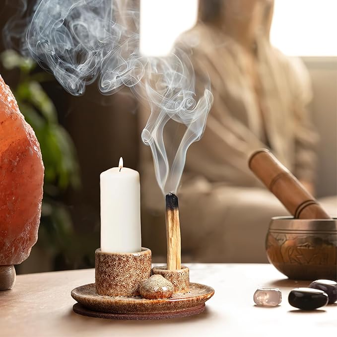 4 in 1 Ceramic Incense Burner, Sage Holder for Burning Bowl, Palo Santo Holder, Incense Holder for Sticks, Smudge Stick Holder(Brown)