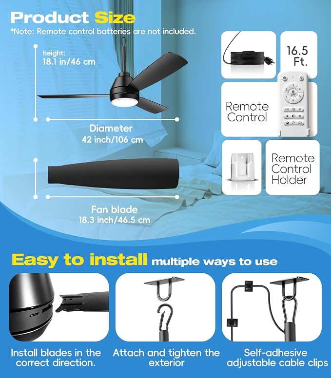 42 inch outdoor ceilling fan,plug-in ceiling fan light with 16tf cord,Gazebo fan light dimmable 3CCT LED,Reversible,Portable hook design for bedroom garage tent porch kitchen patio.