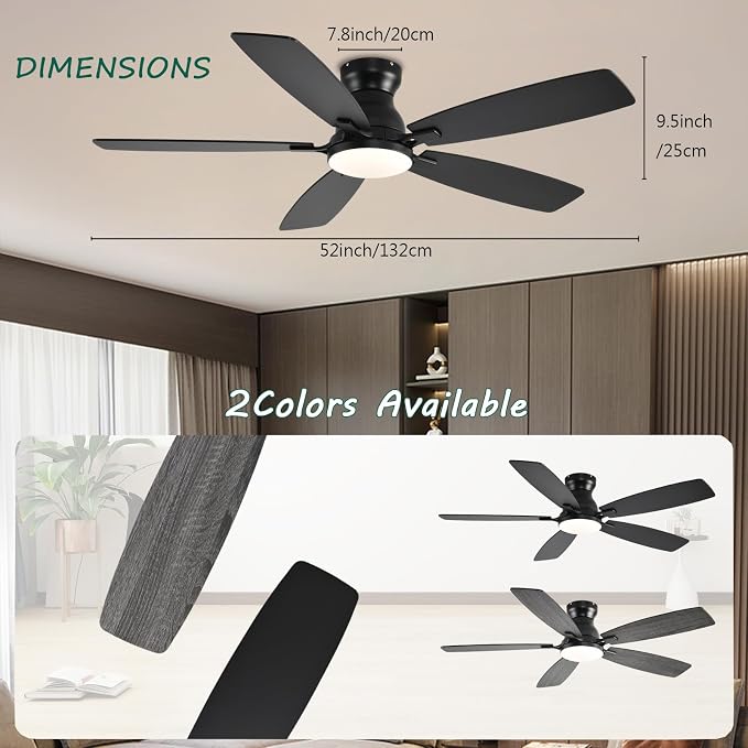 NKPU Ceiling Fans with Lights, Low Profile Ceiling Fan with Light and Remote/APP Control, DC Motor, Noiseless, Flush Mount, 52inch Black Ceiling Fan for Bedroom Indoor/Outdoor Use