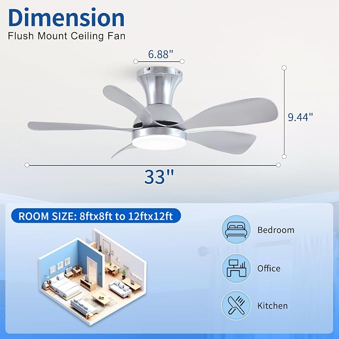 NKPU 33In Nickel Low Profile Ceiling Fans with Lights and Remote/APP Control, Modern Flush Mount Ceiling Fan with 5 Reversible Blades for Outdoor Patio,Small Room,Bedroom