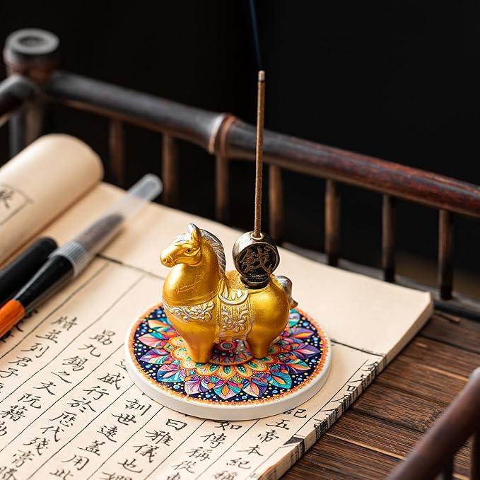 Horse Incense Burner-Resin Fortune Horse Incense Holder with Tray & Gift Box,Aromatherapy Decor for Yoga, Meditation,Home Office,Horse Lover Gift (Golden)