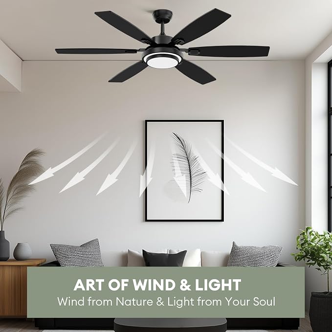 Fanbliss 60 Inch Black Large Ceiling Fans with Lights and Remote Control for Living Room, Modern Ceiling Fan with Quiet Reversible DC Motor, Ceiling Fan Lights for Garage, Patio, Indoor and Outdoor