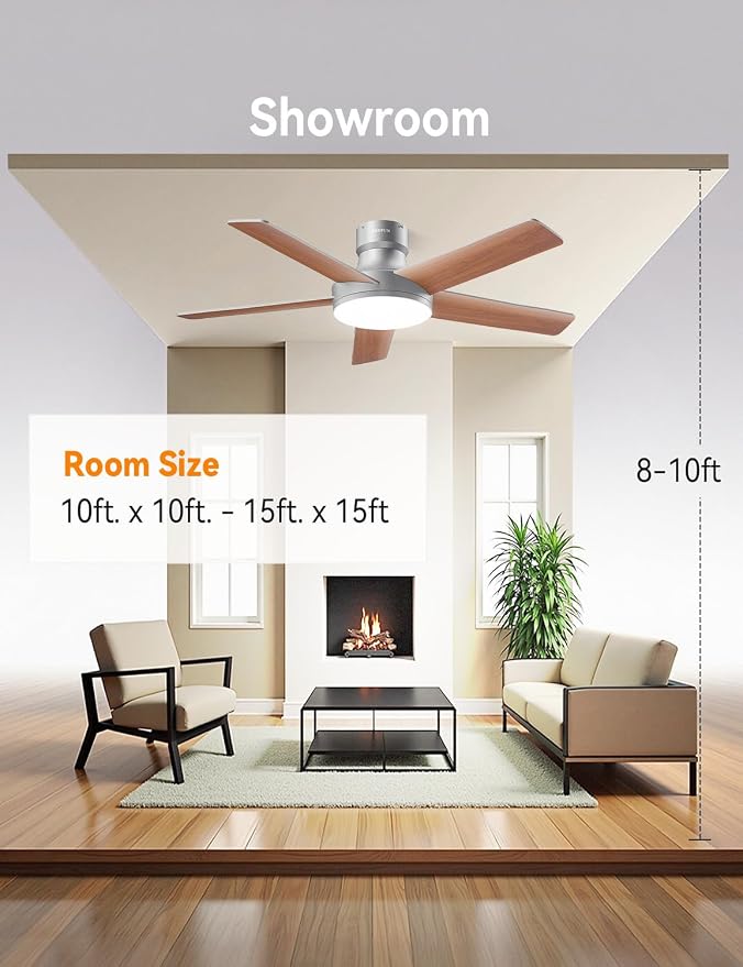 AKOFUN Ceiling Fans with Lights and Remote, Low Profile Ceiling Fan with Light, 6 Speed, Dimmable, DC Motor, Quiet, Timer, Modern LED Ceiling Fan for Bedroom Living Room 44 inch, Silver