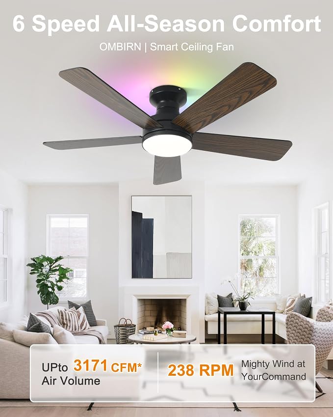 42 Inch Ceiling Fans with Lights, RGB Ceiling Fan with Light, App&Remote Control, Flush Mount Low Profile, Reversible, 3CCT, Dimmable LED, Noiseless, Black Ceiling Fan for Bedroom