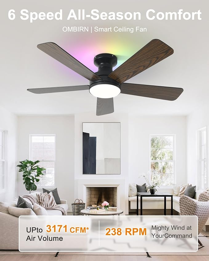 42 Inch Ceiling Fans with Lights, Smart Ceiling Fan with Alexa, Black Ceiling Fan with RGB Lights Remote, 6 Speeds Reversible DC Motor, Modern Flush Mount for Bedroom Living Room