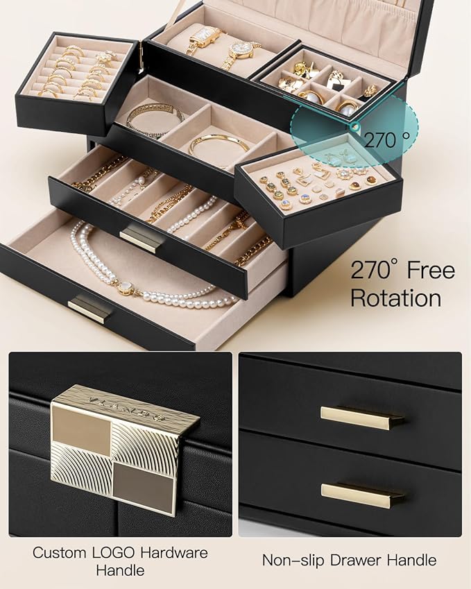 VLANDO 4 Layers Jewelry Box - Women Jewelry Box with Retractable Tray - Jewelry Organizer with Drawer for Necklaces, Rings, Bracelets, Earrings, Gift for Couples Mom Girls - Black