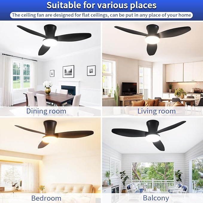 40 inch Ceiling Fan with Lights, Flush Mount with Remote Control | 3 Blades, 6 Speeds, Reversible Quiet DC Motor, Dimmable, 3000-6000K Adjustable, Timer, for Bedroom Dining Room Home Office