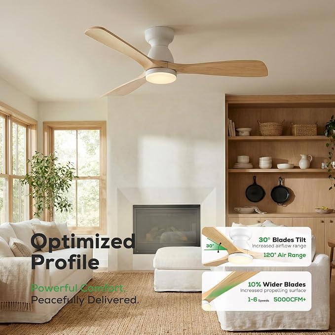 52 inch Smart Flush Mount Ceiling Fan with Lights,Outdoor Low Profile Wood Ceiling Fan with lights Works with App&Alexa/Gg Voice Control&Remote,Quiet DC Motor for Covered Patio Porch,Nature Wood