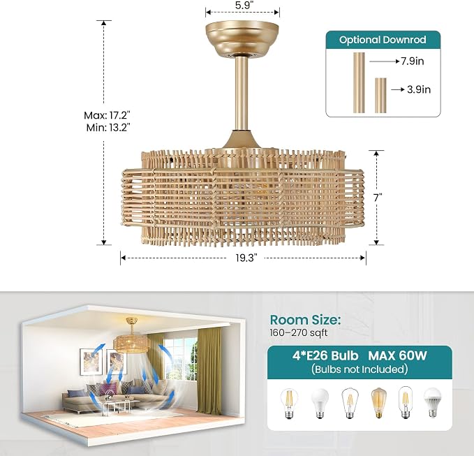 KAISITE Boho Caged Ceiling Fan with Light and Remote Control 19" Rattan Fandelier 6 Speeds Bladeless Ceiling Fan Semi Flush Mount Chandelier Fan for Bedroom Living Room Nursery