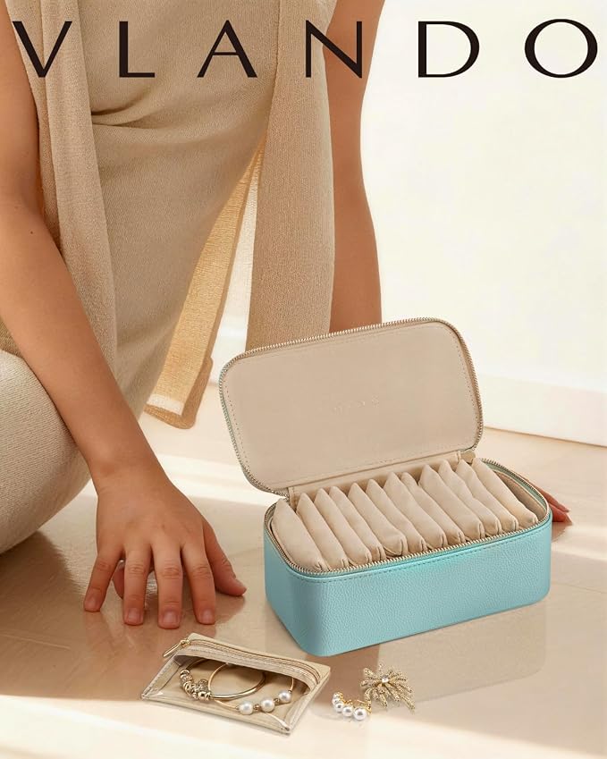 VLANDO Travel Jewelry Organizer with 12 Velvet Jewelry Bags Travel Jewelry Case for Girls Jewelry Storage Necklace Rings Earrings Bags Gifts for Women Daughter Friends(Lake Blue)