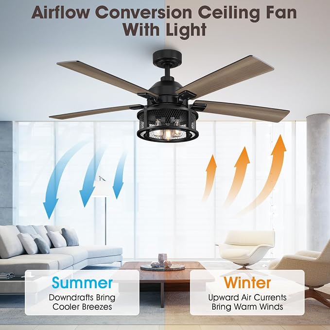 52 Inch Farmhouse Ceiling Fans with Lights and Remote, Outdoor Ceiling Fan with 5 Dual Finish Blades, Black Ceiling Fan with Reversible Quiet Motor for Bedroom, Living Room, Kitchen, Black
