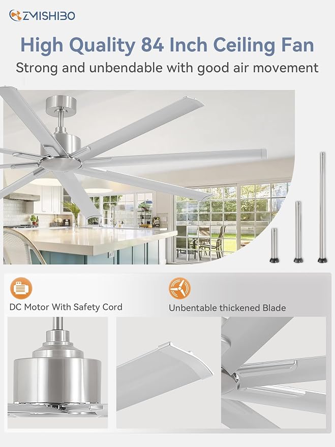 ZMISHIBO 84 Inch Industrial DC Motor Ceiling Fan, Large Ceiling Fan with 8 Reversible Blades, 3 Downrods, 6-Speed Remote Control, Home or Commercial Ceiling Fans for Porch/Garage/Shop, Nickel