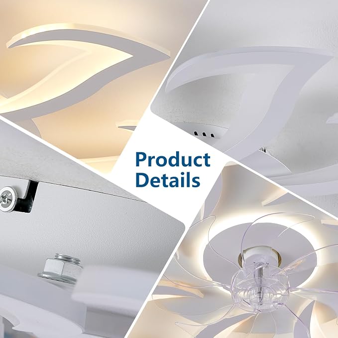 White Flower Modern Ceiling Fans with Lights, Low Profile Ceiling Fan with Remote for Bedroom, 32inch Flush Mount Ceiling Fan with LED Dimmable Light,6-Speeds, Timing CeilingFan Light-8L