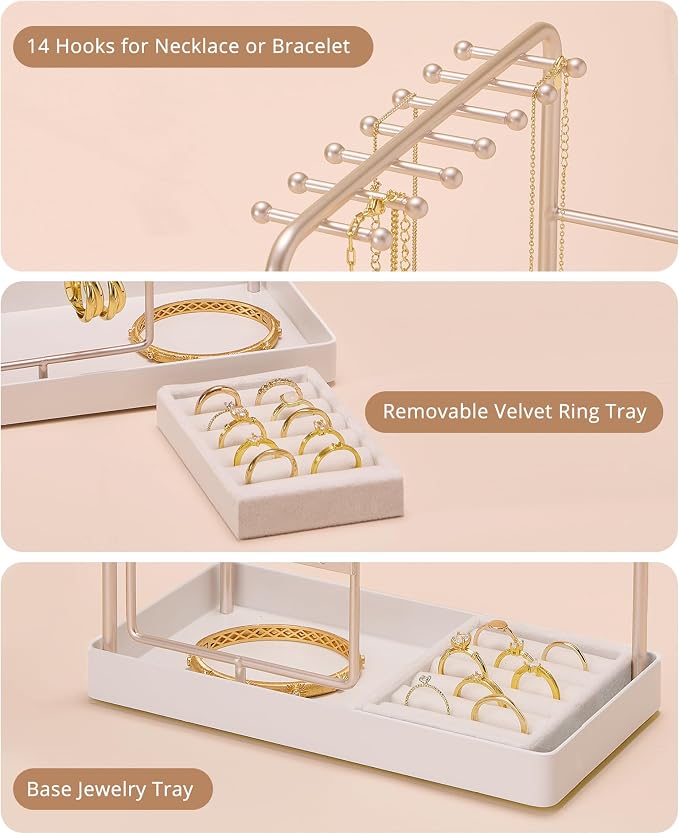 ProCase Jewelry Stand Holder Organizer and Storage, Champagne (No-Assembly) | Rotating Earring Bracelet Holder Storage, Hanging Jewelry Display Velvet Ring Tray, Teen Girls Birthday Gifts Room Dorm Decor
