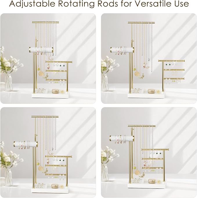 SZQINJI 5 Tier Jewelry Holder Organizer, Gold Necklace Stand Display, White | Velvet Bracelet Holder, Adjustable Height Jewelry Display for Necklaces, Bracelets, Earrings, Rings, Gift Idea for Women