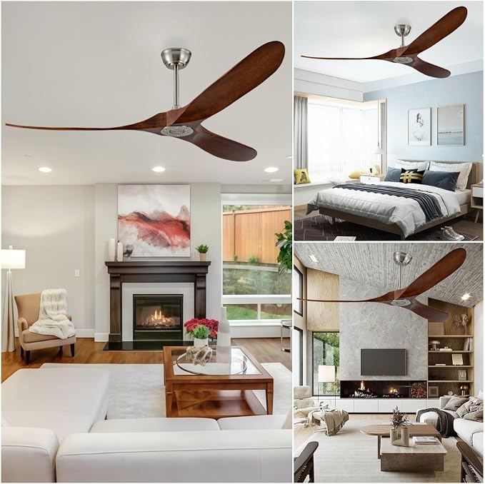 72 Inch Ceiling Fan No Light, Outdoor Patio Wooden Ceiling Fan Without Light,with Remote Control,Quiet Reversible Motor,Suitable for Living Room, Patio, Outdoor, Farmhouse(Brushed Nickel+Dark Walnut)