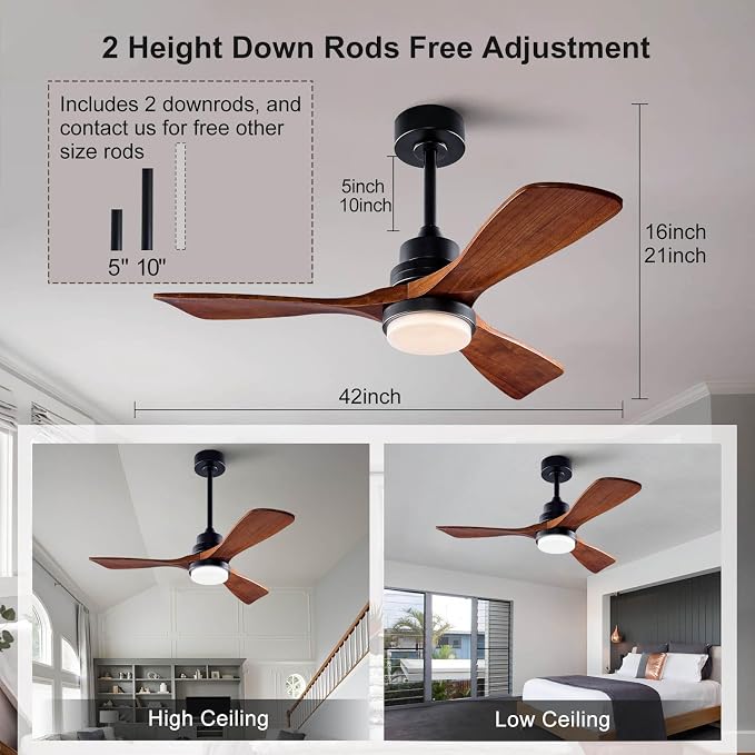 42 Inch Black Ceiling Fans with Lights and Remote,Dimmable LED Light,Quite Reversible DC Motor,Memory Function,Modern Solid Wood Indoor Outdoor Ceiling Fan with Light for Office Patios
