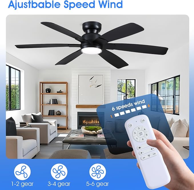 Kviflon 52 Inch Modern Ceiling Fans with Lights Remote Control, Low Profile Flush Mount Ceiling Fan, 6 Reversible Plastic Blades, 6 Speeds 3 CCT Dimmable LED Lights for Bedroom Living Room, Black
