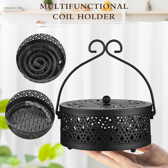 Lallisa Incense Coil Holder Sets, Round Metal Hanging Incense Burner with Handle and Lid, Portable Coil Burner Stand Container for Patio Camping Garden Home Indoor Outdoor Decor(Black,2 Pcs)