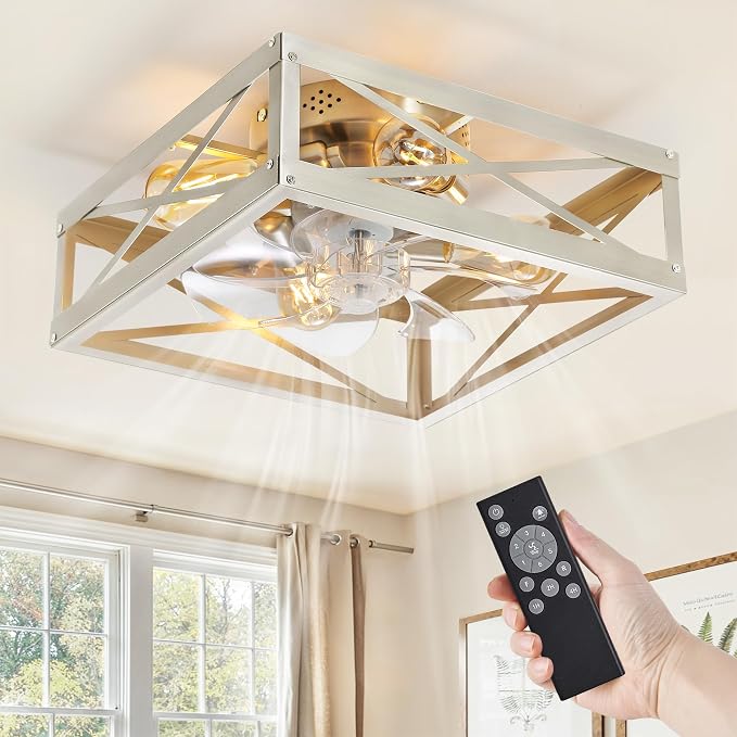 LEDIARY Caged Flush Mount Square Ceiling Fans with Lights and Remote | 6 Speed and Reversible, Small Modern Bladeless Brushed Nickel Ceiling Fan Low Profile for Bedroom, Kitchen