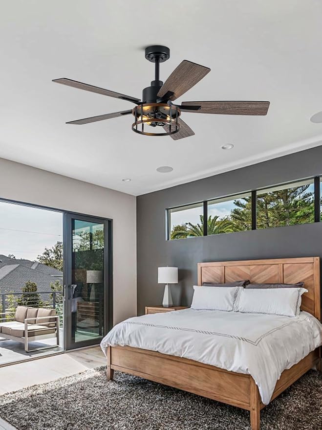 52 Inch Farmhouse Ceiling Fan with Light Rustic Ceiling Fan Quiet and Reversible DC Motor Industrial Caged Chandelier Fan for Living Room Bedroom Patio