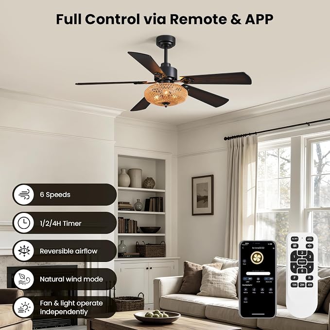 52inch Ceiling fan with Boho Rattan Caged Lampshade, Farmhouse Matte Black Ceiling Fan 5 Blades APP & Remote Control, 6-Speed Remote Dreo Fan Ceiling for Living Room Dining Room Bedroom