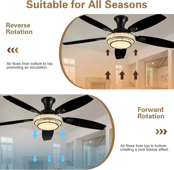 Ceiling Fans with Lights - Crystal Ceiling Fan, 52" Low Profile and Remote Control, Flush Mount, Reversible, 3CCT, Dimmable, Noiseless, Black Ceiling Fan for Bedroom