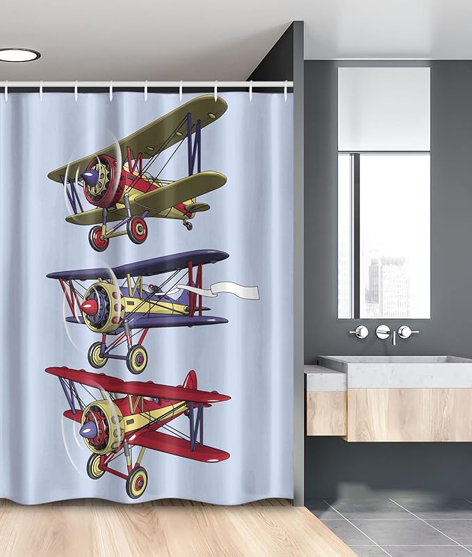 Ambesonne Airplane Stall Shower Curtain, 3 Biplanes Flies on a Background of The Sky Ink Paint Old Fashioned, Fabric Bathroom Decor Set with Hooks, 54" W x 78" L, Aqua
