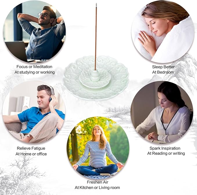 Incense Holder Ceramic Incense Burner Lotus Incense Holder for Sticks Incense Stick Holder Detachable Ash Catcher for Home Decor (Mint Cream)