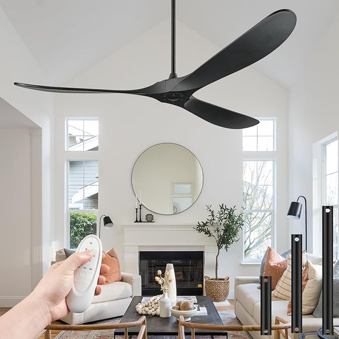 Ceiling Fans Without Light, 84 Inch Outdoor Fan No Light, Black Ceiling Fan with Remote, 3 Solid Wood Blades, Quiet Motor, High CFM, Propeller Large Ceiling Fan for Patios,Black