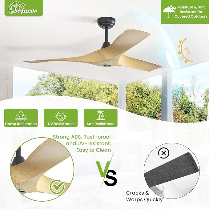 Sofucor 52 Inch Smart Ceiling Fan No Light, Modern Ceiling Fan with 3 Plastic Blades, Compatible with Alexa/Google/App, 6 Speeds 4500CFM, Timer Quiet Reversible DC Motor, ETL/FCC