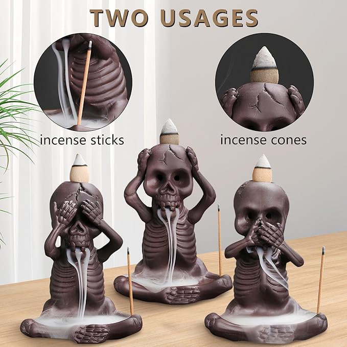 Comeon Backflow Incense Burner Skull Decor Incense Stick Holder Reverse Flow Censer Incense Waterfall Burner + Backflow Incense Cones, Incense Sticks, Tweezer, Mat (Set of 3)