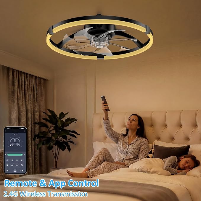 20'' Low Profile Ceiling Fan with Lights, Ceiling Fans with Lights and Remote, 3000-6500K Dimmable Modern Flush Mount LED Fan Lights, 6 Wind Speeds Ceiling Fans for Bedroom