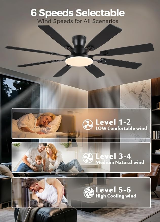 JSAITEE 60Inch Ceiling Fan with Lights Flush Mount Low Profile,Dark Grey | Ceiling Fans,DC Reversible Motor Noiseless, 3CCT Dimmable, Dual Finish, 6 Speeds Ceiling Fan for Indoor/Outdoor