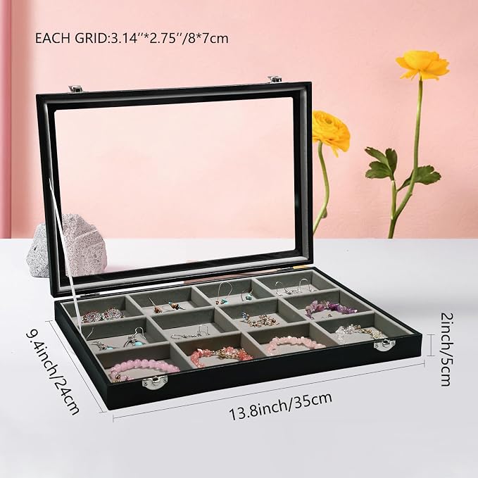 Stratalife 12 Grid Bracelet Jewelry Box, Bangle Holder Organizer with Lid | PU Leather Storage Box for Earring, Ring, Studs and Trinkets, Soft Velvet Drawer Organizer for Women, Dustproof, Gray Black