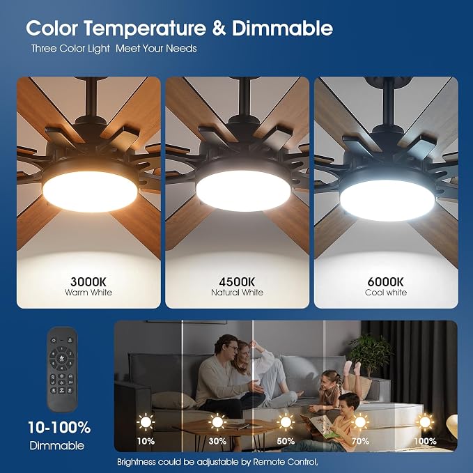 Kviflon 52 Inch Ceiling Fans with Lights, Modern Brown Ceiling fan with light for Bedroom Living Room Indoor Outdoor, Remote/APP Control, Reversible Quiet DC Motor, Dimmable LED, 8 Wooden Blades