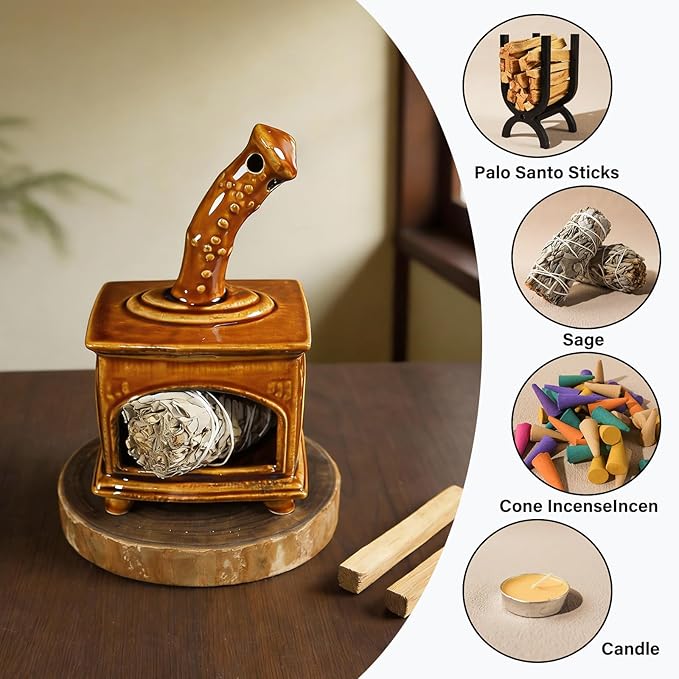MOUGIGI Farmland Brown Ceramic Palo Santo Holder & Mini Chiminea Smudge Bowl - Versatile Burner for Sage Sticks, Incense Cones, Copal & Candles - Perfect for Yoga,Zen Ash,Meditation & Mindfulness