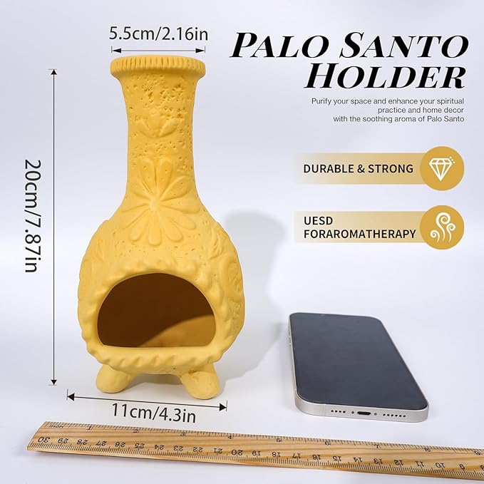 MOUGIGI Yellow Floral Reliefs Palo Santo Burner Holder-Mexican Mini Chiminea Inspired,Chimney for Smudging Sage/Incense Cones/Sticks for Altar/Zen Rituals, Handmade Decor for Witchcraft Supplies