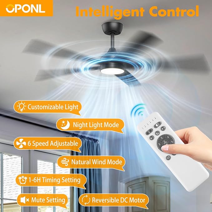 OPONL Ceiling Fan with Light, Ceiling fan with Light and Remote Control, Reversible, 6CCT, Dimmable, Noiseless, Ceiling Fan for Bedroom, Indoor/Outdoor Use, Black, 52 inch, Modern
