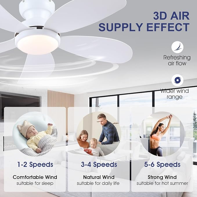 PHORUS 42" White Modern Low Profile Flush Mount Ceiling Fans with Lights | Super Large Airflow with 6 Wind Speeds, Reversible, Dimmable 3 CCT LED, 30W Noiseless DC Motor,Timer, for Bedroom Kitchen