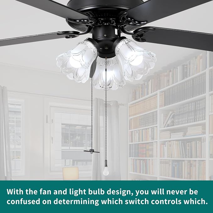 52 Inch Indoor Ceiling Fan with Pull-Chain and LED Light Bulbs Base, Traditional 3-Speeds Reversible Blades Ceiling Fan (Black)