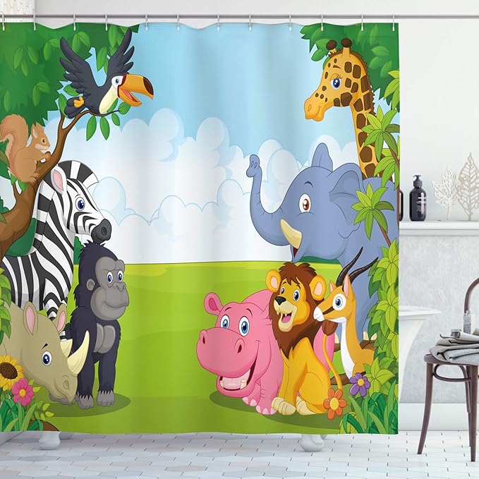 Ambesonne Animal Shower Curtain, Colorful Design Savannah Themed Cartoon Animals Image Art Forest Woodland Print, Cloth Fabric Bathroom Decor Set with Hooks, 69" W x 70" L, Multicolor Sky Blue