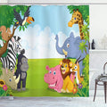 Ambesonne Animal Shower Curtain, Colorful Design Savannah Themed Cartoon Animals Image Art Forest Woodland Print, Cloth Fabric Bathroom Decor Set with Hooks, 69" W x 70" L, Multicolor Sky Blue