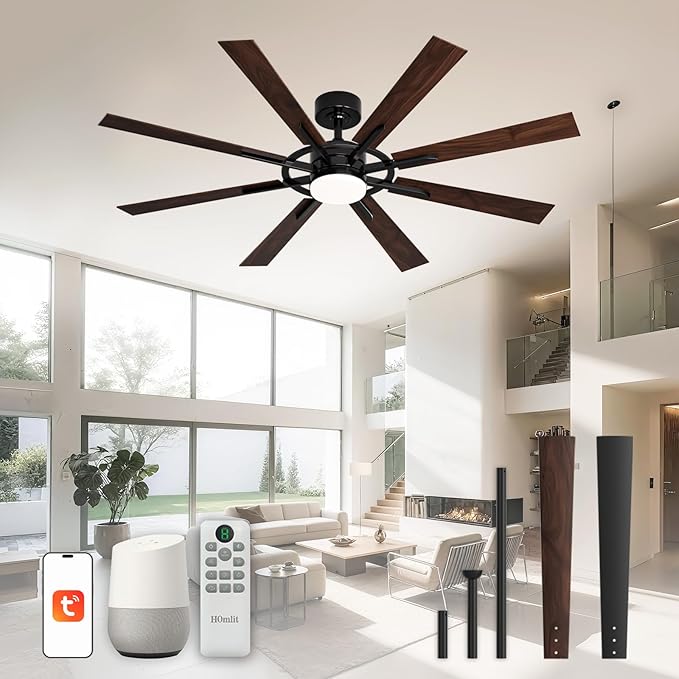 60 Inch Smart Ceiling Fan, Black Indoor/Outdoor Ceiling Fans with Lights and Remote, Compatible with Alexa/Google/App, 3CCT Dimmable 6 Speeds Timing for Living Room Bedroom Patio