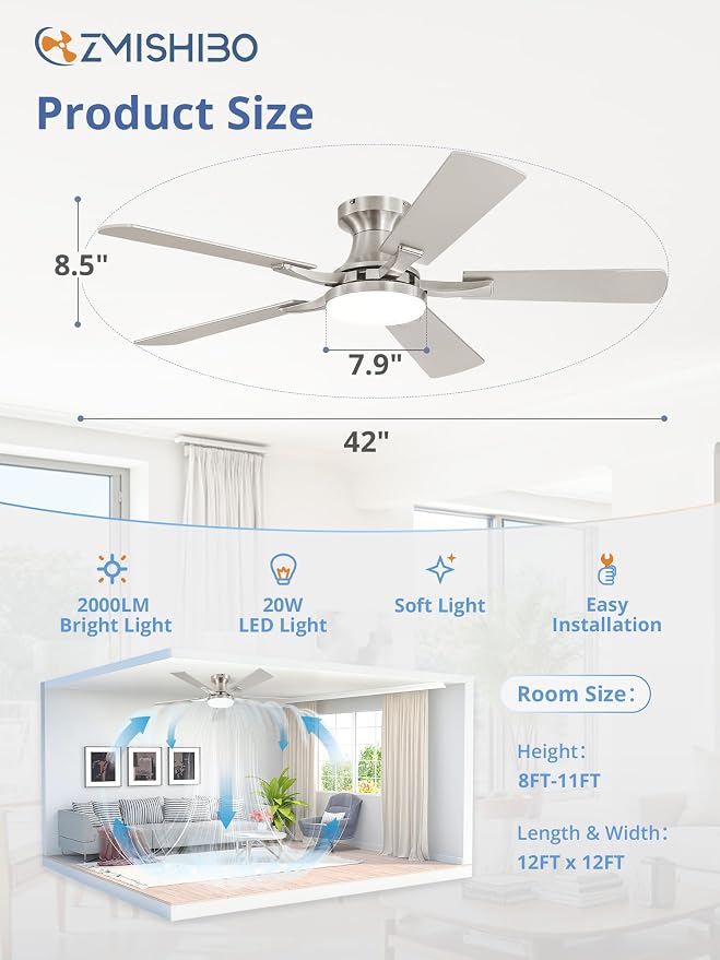 ZMISHIBO 42 Inch Ceiling Fan with Light, App&Remote Control, Flush Mount Low Profile, Dimmable 20W LED Light, Quiet Reversible Motor for Bedroom, Living Room, Apartment, Nickel