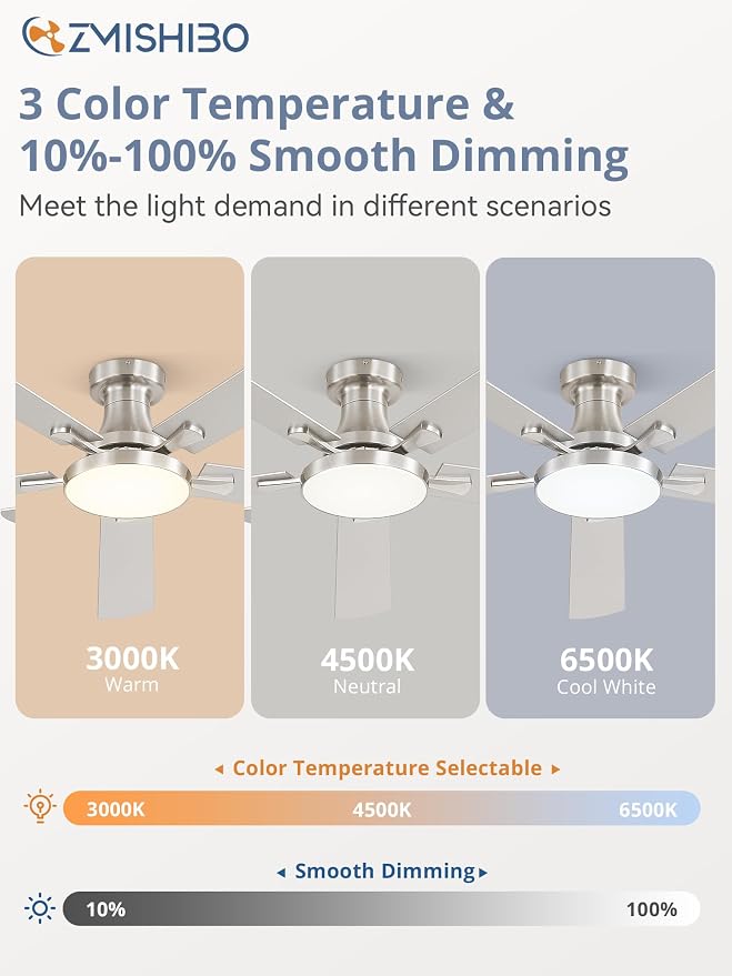ZMISHIBO 60 Inch Flush Mount Ceiling Fan with Light, Remote&APP, Nickel | 6-Speed Quiet DC Motor, Dimmable 24W LED with 3CCT (3000K-6500K), Modern Low Profile for Living Room, Bedroom, Kitchen