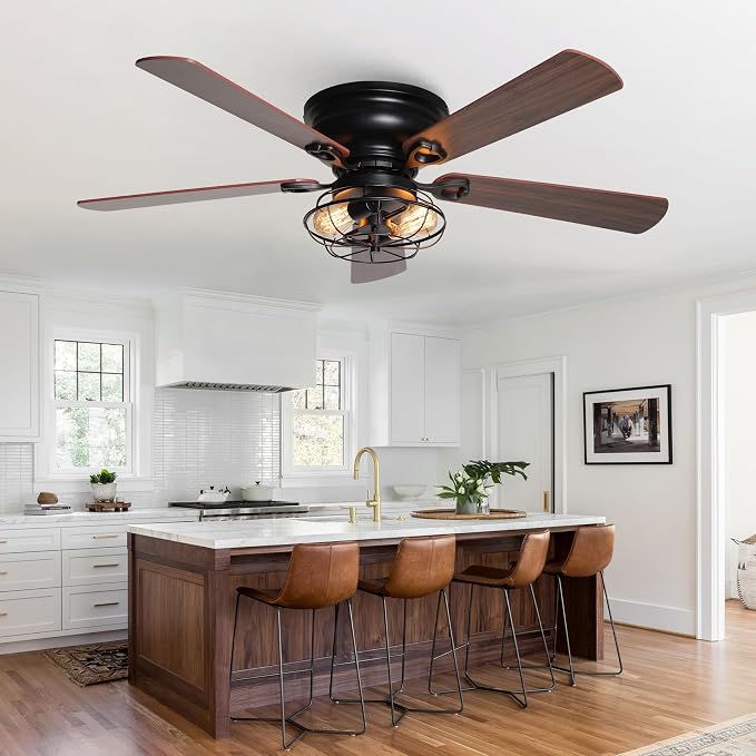 48 Inch Farmhouse Ceiling Fan with Light and Remote, Flush Mount Low Profile Ceiling Fans with Reversible Quiet Motor, Caged Ceiling Fan for Bedroom Living Room Patio