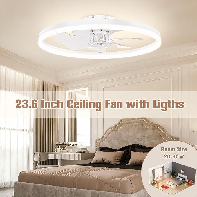 VOLISUN Low Profile Ceiling Fans with Light and Remote,No Assembly,23.6in Bladeless Ceiling Fan with Lights,3000K-6500K Dimmable Flush Mount LED Fan Light,White Fandelier Ceiling Fans for Bedroom