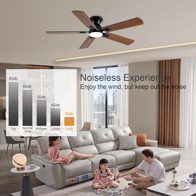 GJeg Ceiling Fans with Lights, 52 Inch Low Profile Ceiling Fan with Light and Remote, Flush Mount Ceiling Fan, 3CCT, Dimmable, Noiseless, Ceiling Light Fan for Bedroom, Indoor/Outdoor Use,Brown