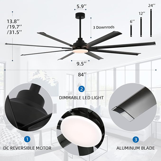 84 Inch Industrial Ceiling Fans with Light，Large Ceiling Fan with 8 Reversible Aluminum Blades, 3CCT, 6-Speed Remote Control, Home or Commercial Ceiling Fan for Porch/Garage/Shop